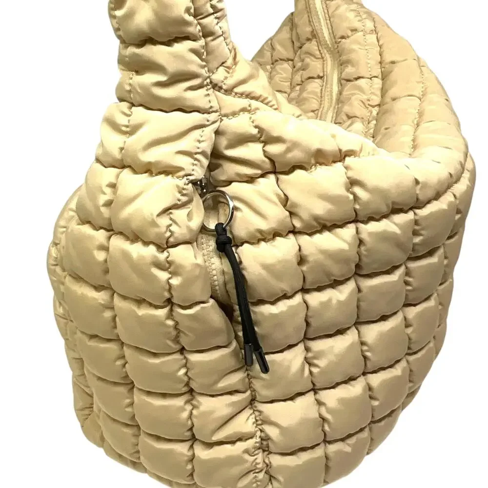 Free People FP Movement Quilted Carryall Hobo Bag Womens Large Beige Pockets